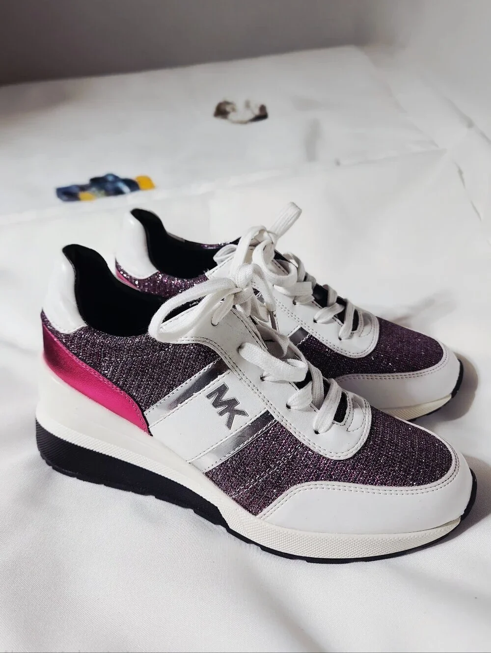 New Michael Kors Pink Silver Women's Hidden Wedge Mabel Sneakers 7.5